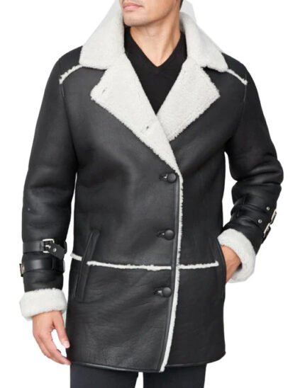 Front View black sheepskin shearling coat