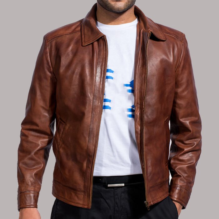 Brown Leather Bomber Jacket