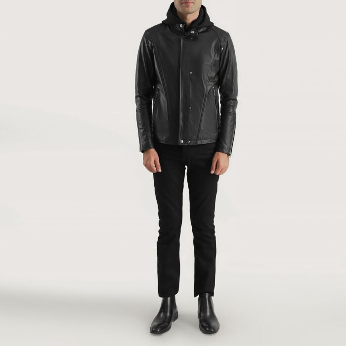 Black Leather Hooded Biker Jacket