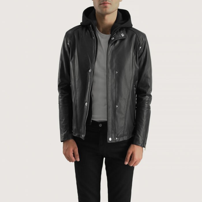 Black Leather Hooded Biker Jacket