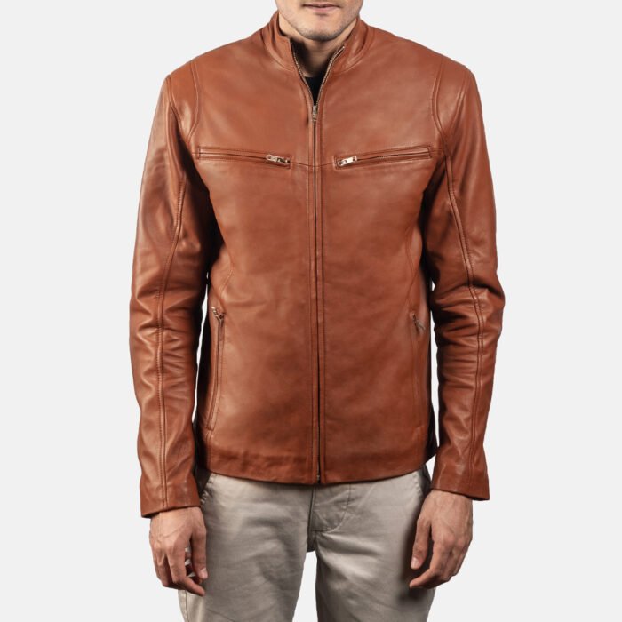 Front View Of Brown Leather Biker Jacket