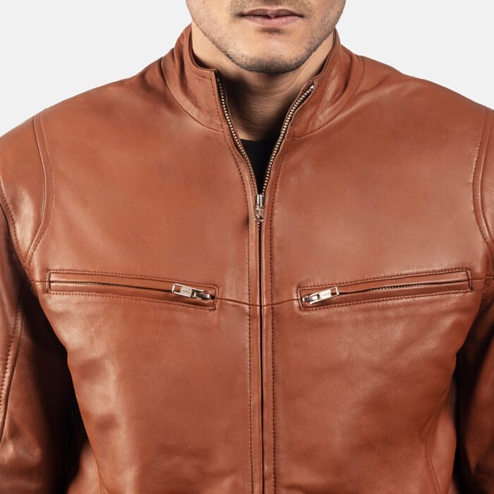 Front View Of Brown Leather Biker Jacket