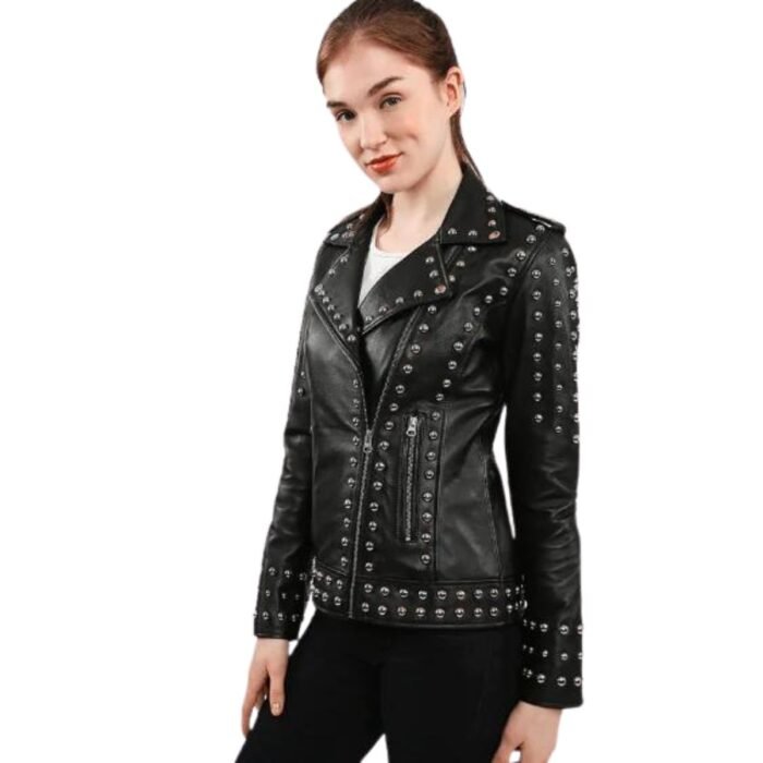 Women's Black Leather Jacket Studded