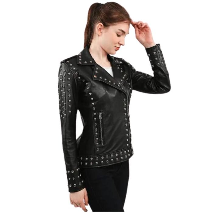 Women's Black Leather Jacket Studded