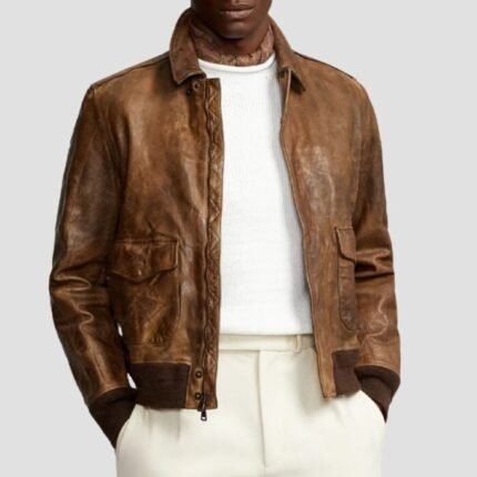 Distressed leather bomber jacket brown