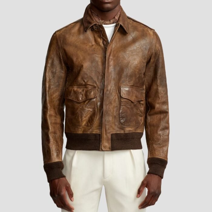 Distressed leather bomber jacket brown
