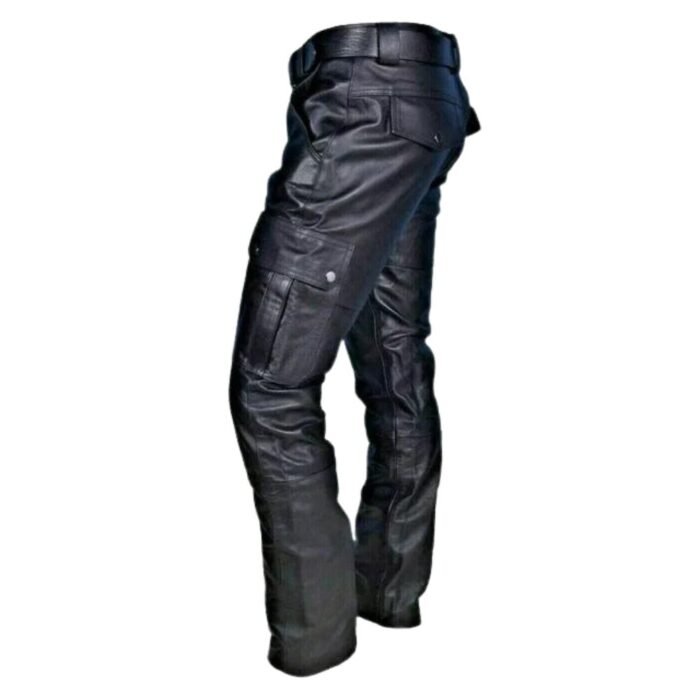 Mens Black Leather Cargo Pants