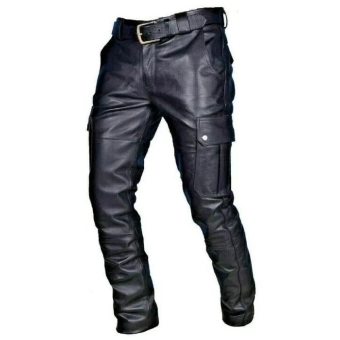 Mens Black Leather Cargo Pants