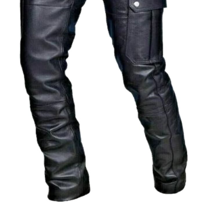 Mens Black Leather Cargo Pants