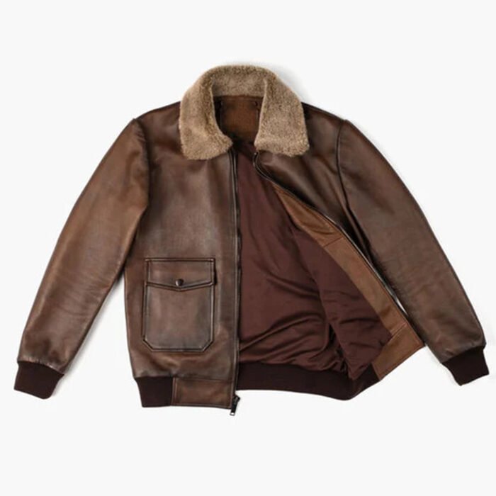 Brown Leather Bomber Jacket With Fur Collar