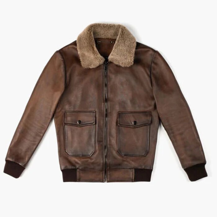 Brown Leather Bomber Jacket With Fur Collar